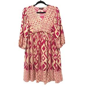 BTFBM Women's‎ Beige Pink Print Long Sleeve V Neck Midi Dress Size Small